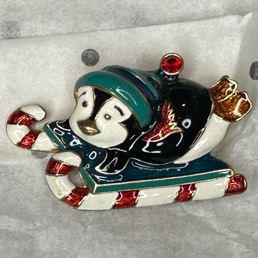 Vintage Christmas Penguin sled candy cane Brooch Red Crystal Gold tone